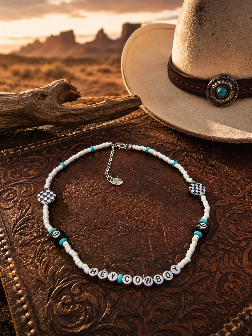 Turquoise & White Beaded 'HEY COWBOY' Necklace